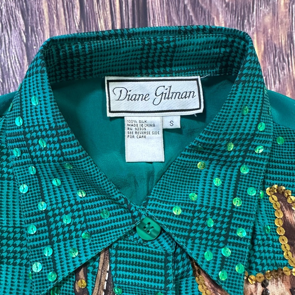 Vintage Diane Gilman 100% Silk Sequins Horse Green Plaid Button Down Blouse - Picture 7 of 7